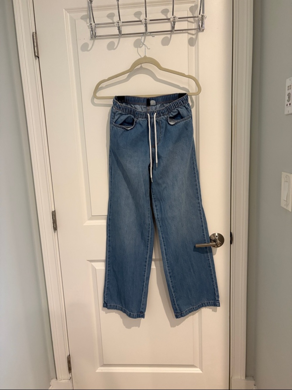 Blue Wide-Leg Drawstring Jeans for Women